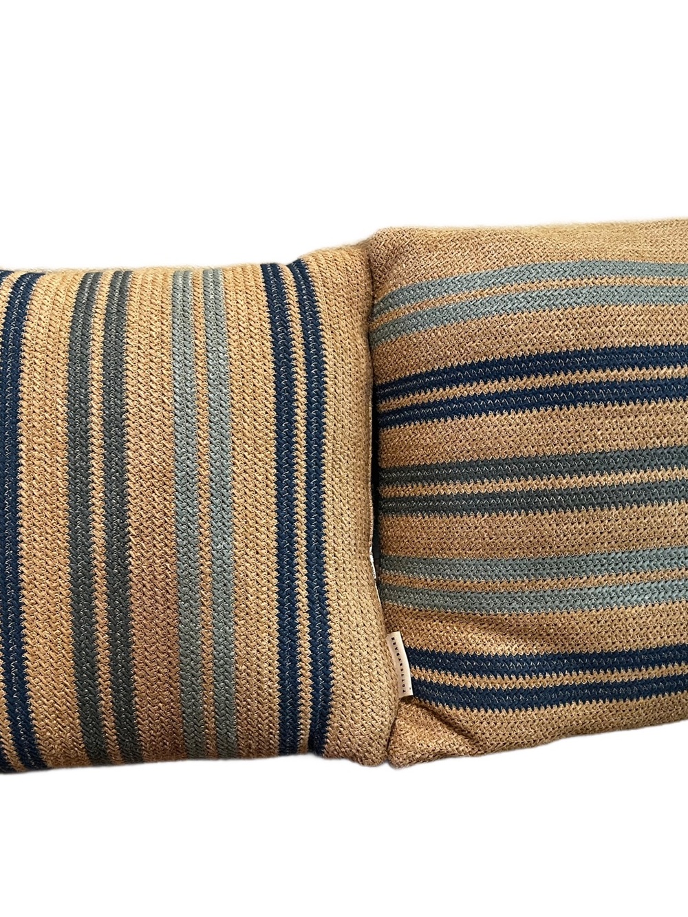 POTTERY BARN RUSTIC JUTE THROW PILLOWS BLUE & TAN 17”X17” STRIPES QTY 2